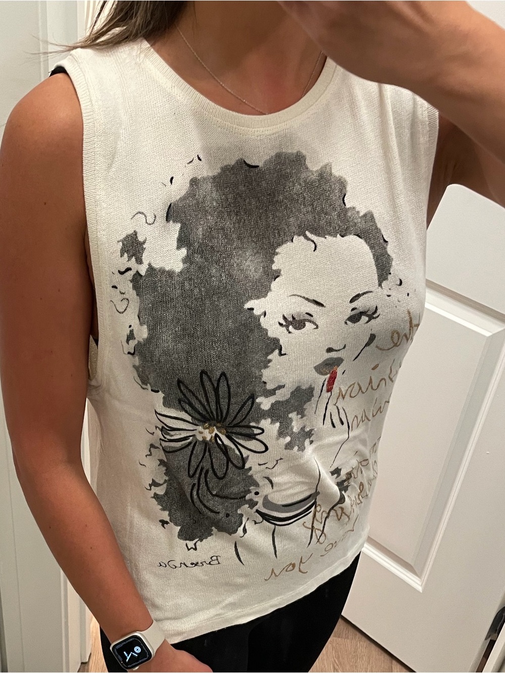 Cream Graphic Sleeveless Tank Top with Artistic Portrait Detail